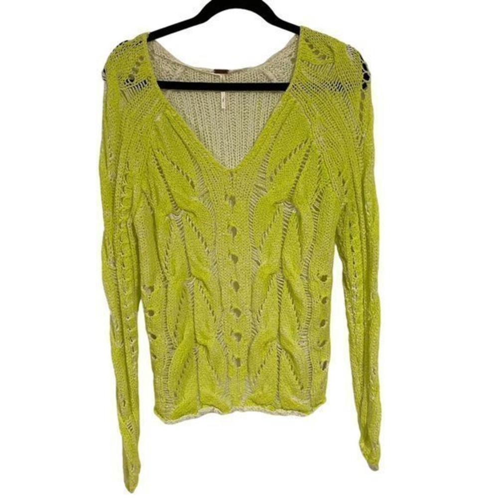 Free People Sunshine‎ Crochet Neon Yellow Distressed Cable Knit Sweater Size S